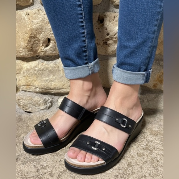 MEPHISTO Air Relax Naiade Black Leather Wedge 2 Strap Rhinestone Sandals 38 7.5 - Picture 1 of 11